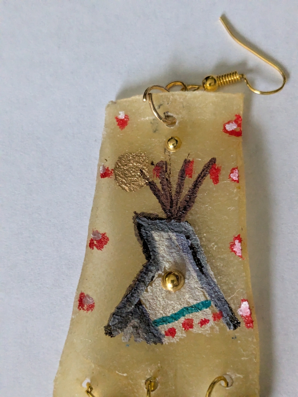 Indigenous Hand-Painted Teepee Rawhide Parfleche Dangle Earrings With Jingles - Picture 5 of 10